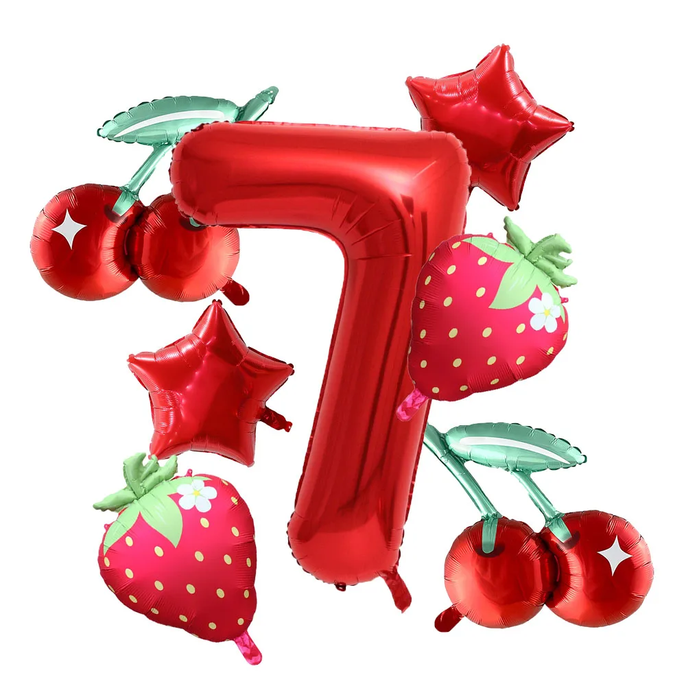 7 قطع الفراولة الكرز حزب بالون رقمي 1-9 بالون مجموعة الفاكهة الحلوة الاطفال عيد ميلاد فتاة الزفاف استحمام الطفل حزب الديكور