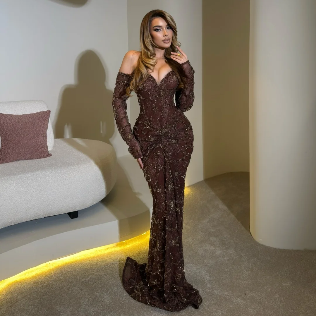 

Mermaid Evening Dresses Long Sleeves Lace Beaded Floor Length Prom Dress Illusion Wedding Party Gown Customized Vestidos