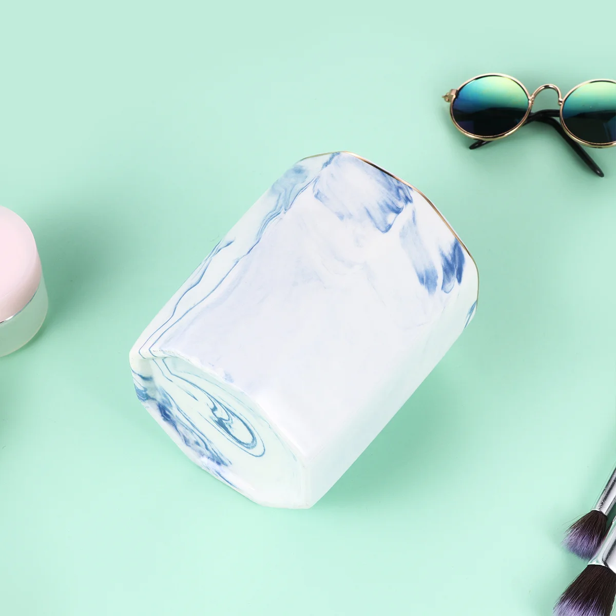 

Marbling Blue -Edged Ceramic Pen Holder Desktop Organizer Pencil Holder Makeup Brush Container Stylish Desk Organizer