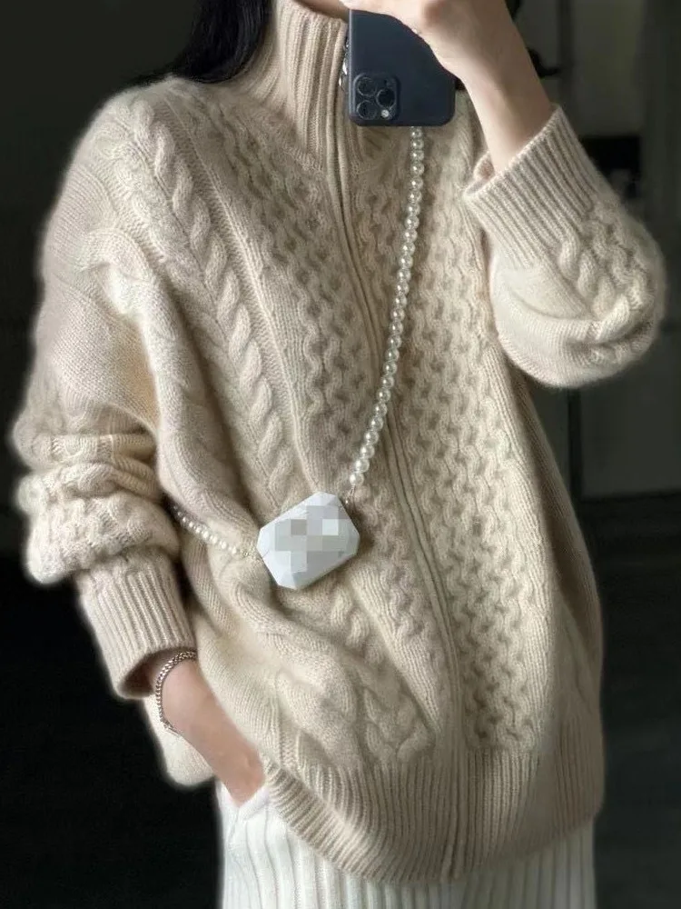 Autumn And Winter New Thick Turtleneck Cashmere Knitted Cardigan Women's Loose Wool Sweater Cardigan Larg Size Female Jacket Top