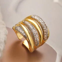 31styles Luxury AAA Cubic Zirconia Inlay Copper Wedding Jewelry Gold Color Statement Geometric Rings For Elegant Women