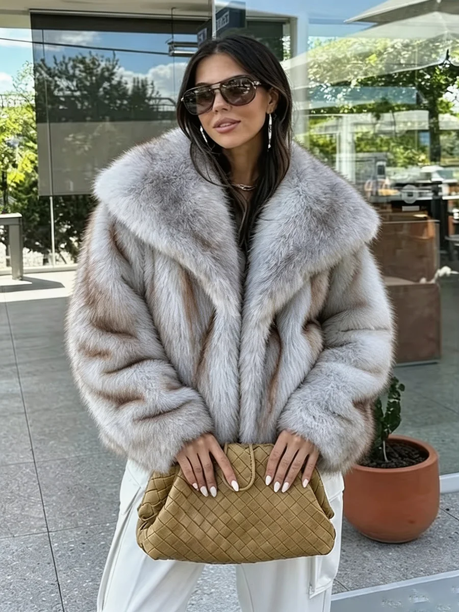 Women Winter Faux Fur Coat 2026 Warm Fluffy Plush Jacket Lapel Open Front Gradient Outwear