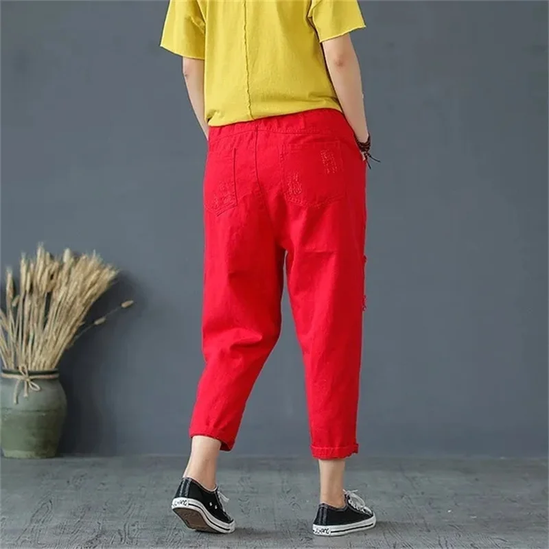 Female Solid Color Nine Points Jeans Lady Large Size Distressed Hole Denim Harlan Pants Women Spring Autumn Loose Trousers