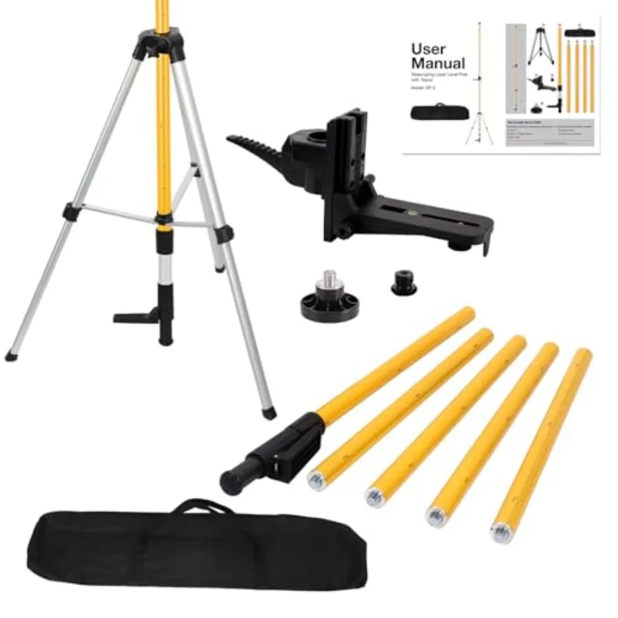 

12Ft Telescoping Laser Level Pole with Tripod - Adjustable Laser Stand with Dual Thread Adapter 1/4"-20 and 5/8"-11 for Rotary
