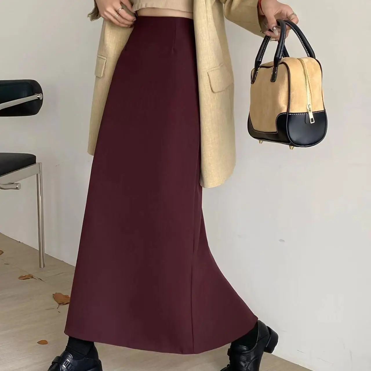 

2025 Spring Autumn New Loose Blazer Skirt Elegant High Waist Bodycon Slimming Slit Straight Long Skirt Women