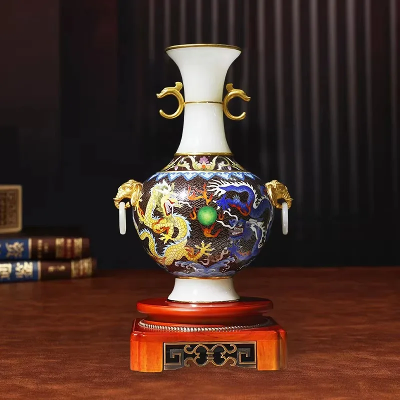 Luxury Handmade Enamel Vase Ceramic Copper Base Dragon Pattern Art Home Decoration High-end Gifts Easter Office