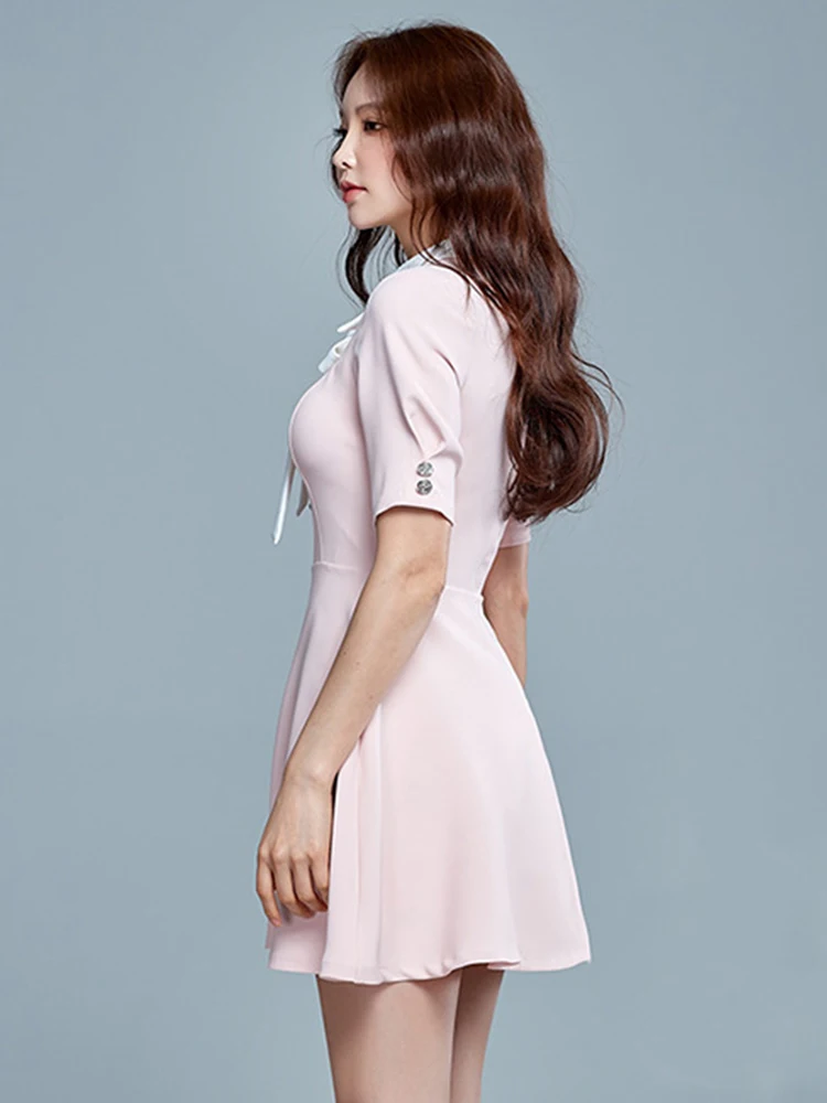 Koreanische Adrette Mini Kleider für Frauen Süße Sexy Rosa Bogen Polo Taste Schaukel Kurzes Kleid Femme Party Dating Vestidos Sommerkleid