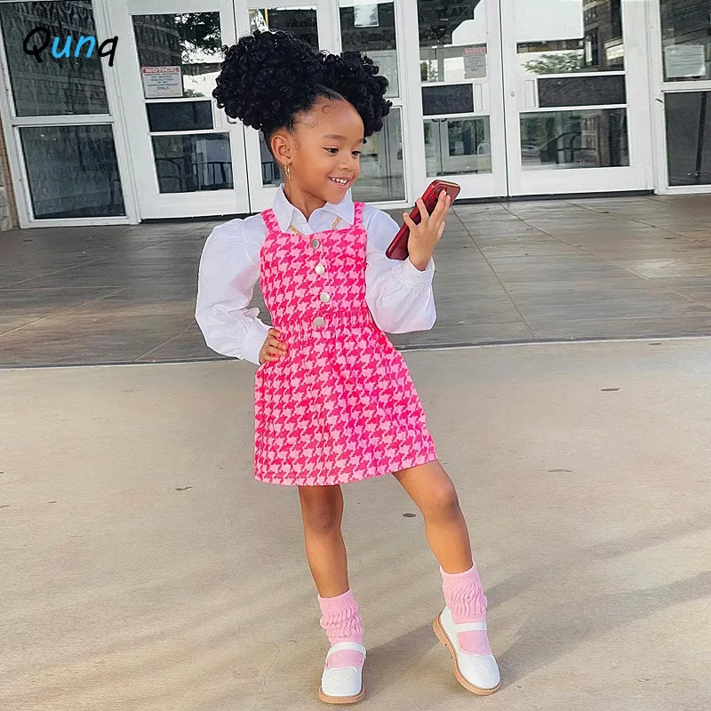 

Qunq 2023 Autumn INS New Girls Lantern Sleeve Lapel Shirt Top+Plaid Suspenders Dress 2 Pieces Set Casual Kids Clothes Age 3T-8T