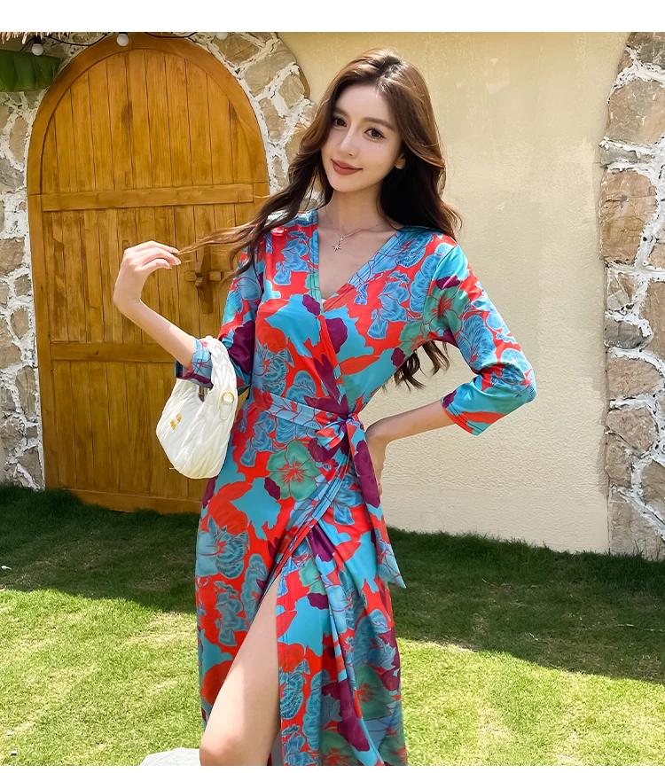 ZAROY Elegant Floral Beach Vacation Wrap Long Dress Summer Women Clothes Sexy V Neck Half Sleeve Belted Dress Vestido De Verano