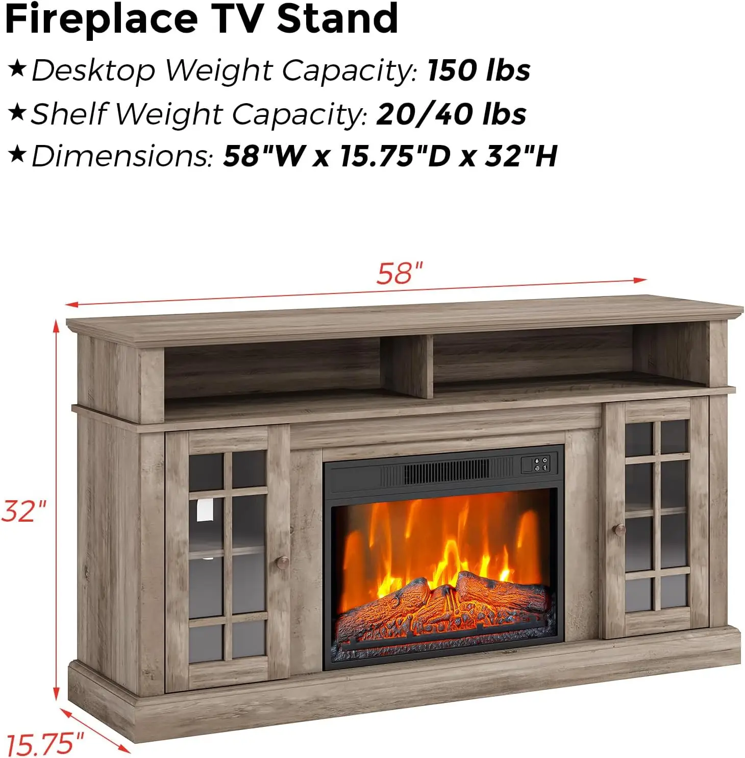 Log Color Farmhouse Fireplace TV Stand for 58'' TV, 23