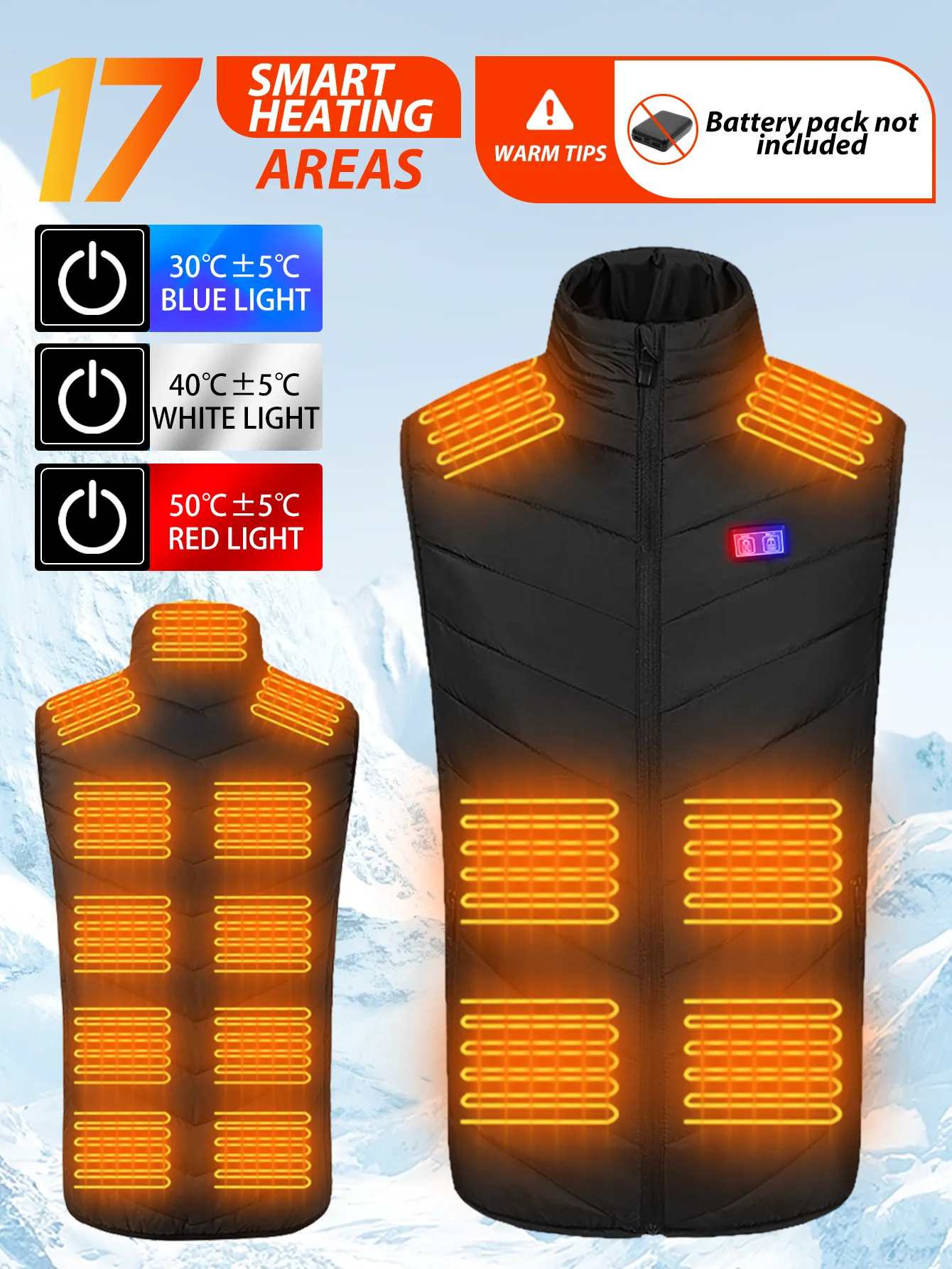 

Электрический жилет с 17 зонами нагрева, жилет со стоячим воротником для зимнего тепло, 3-скоростная регулировка температуры