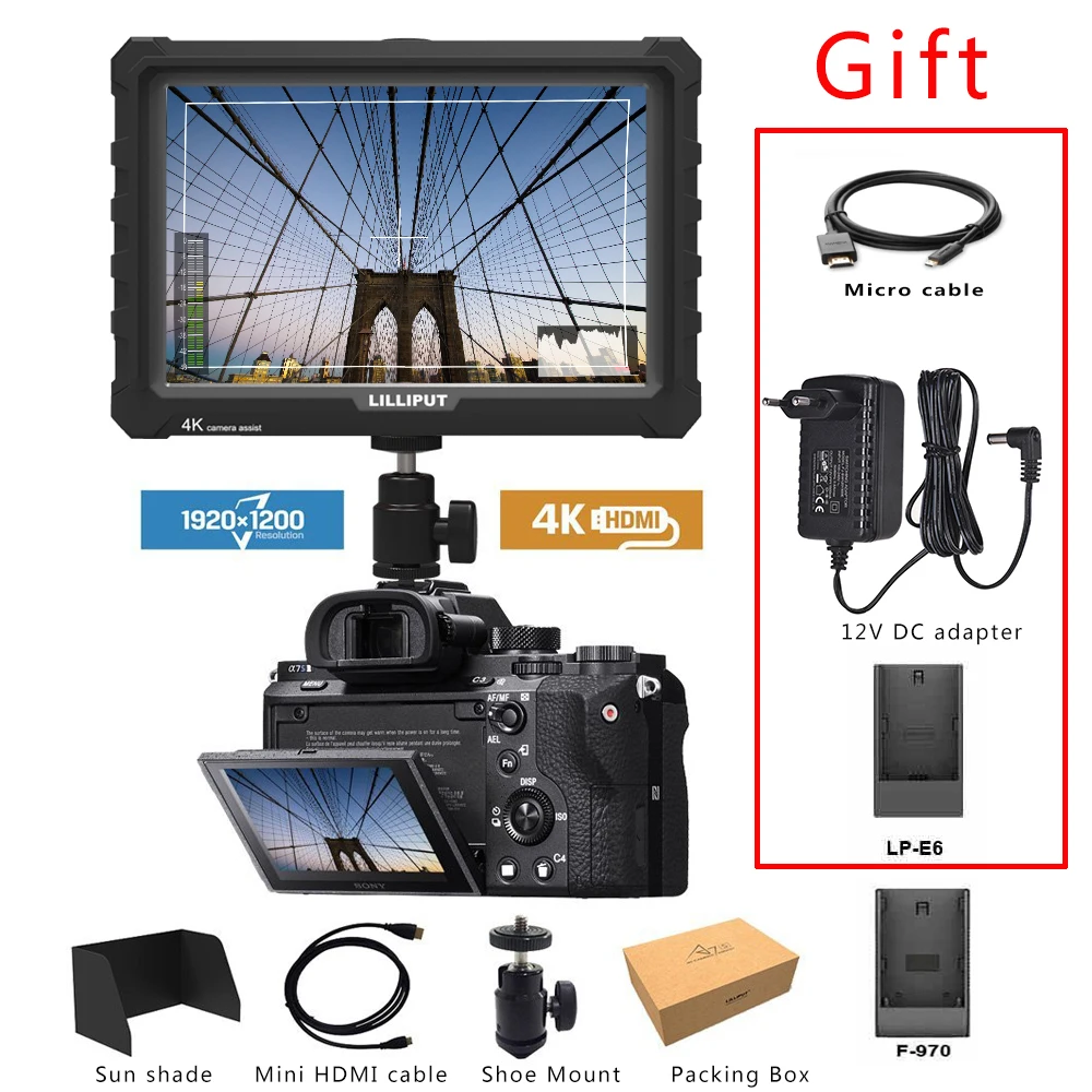 A7S 7 Inch Camera Field Monitor Supports 4K for HDMI Input/Output 1920x1200 Native Resolution for DSLR Mirrorless