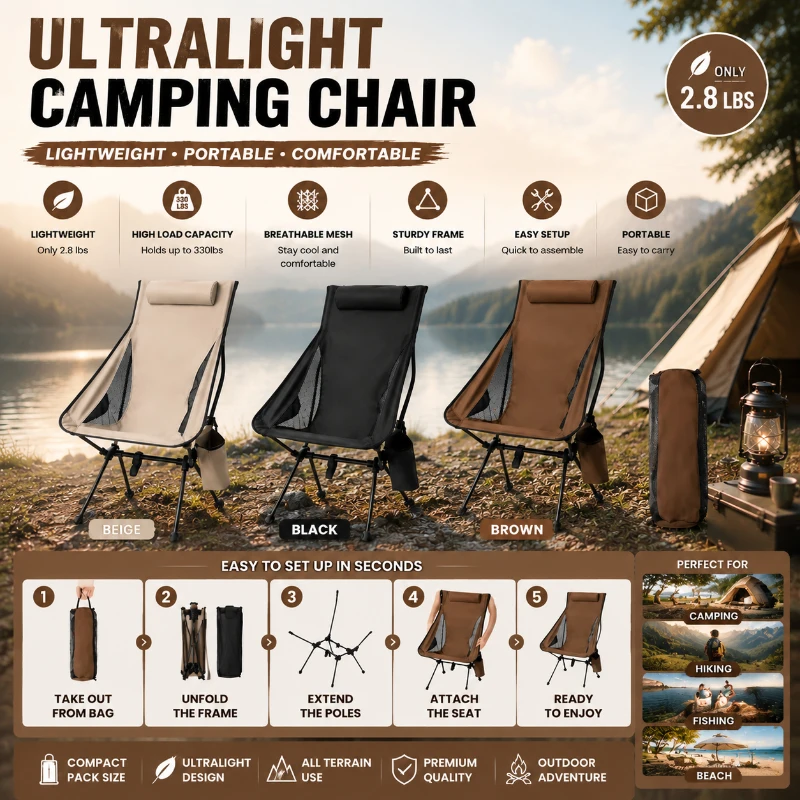 Silla Plegable de Aluminio Ligera para Viajes y Campamento con Reposacabezas Ergonómico, Ideal para Pesca y Excursiones al Aire Libre