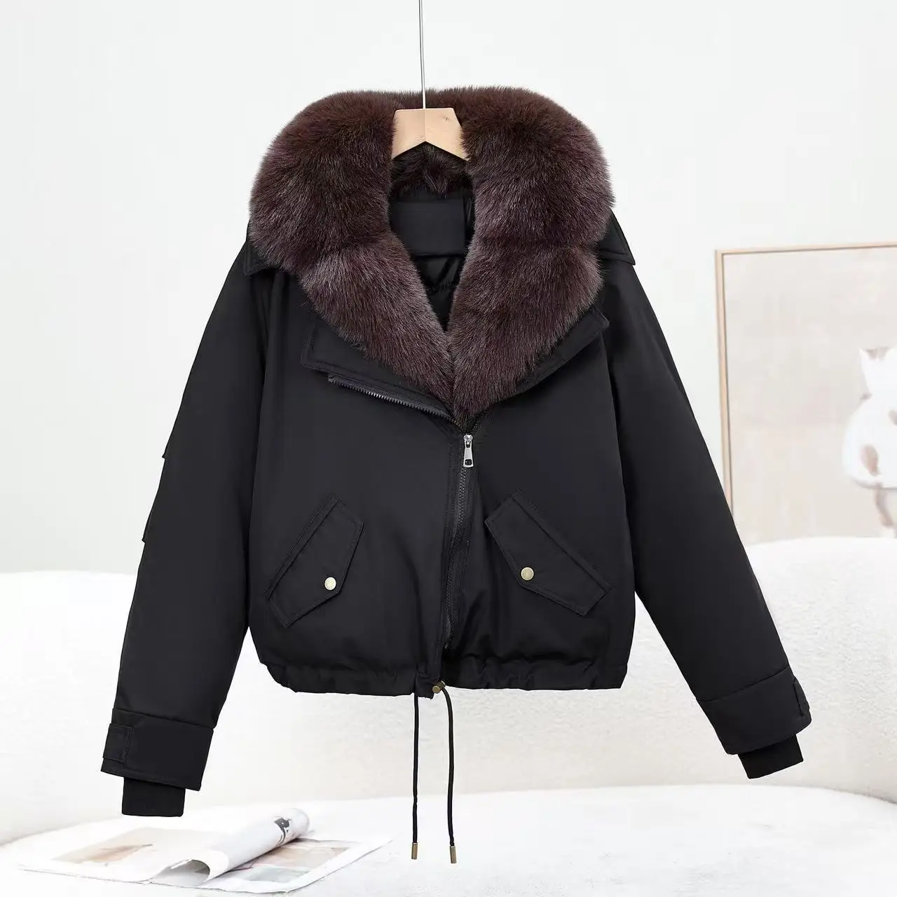 Tooling Wind Lapel Collar Large Fur Collar Padded Jacket Women's Short Oblique Zipper Autumn and Winter Thickened Cold Top