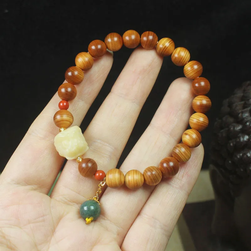 Banyan wood high-oil content 8mm bracelet with white jade lion design, unisex Buddhist prayer beads wooden bracelet jewelry
