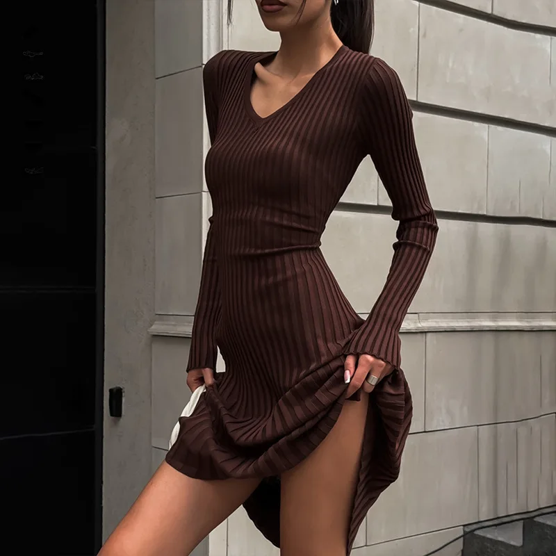 

BoozRey 2024 Elegant Solid V Neck Thick Skinny A-line Dress Brown Long Sleeve Vintage Midi Casual Pullover Dresses for Women