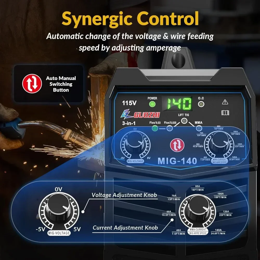 Imagem -04 - Máquina de Solda Multiprocess com Inversor Synergy Igbt Soldador Gasless Portátil em Flux Core Mig Stick Lift Tig 110v