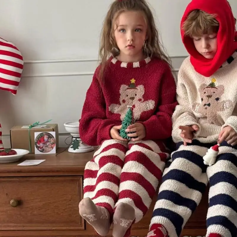 

Осень-зима 2022, пижамный комплект с полуворсом для мальчиков и девочек, удобная одежда для дома, полосатая домашняя одежда, теплая утепленная модная детская одежда