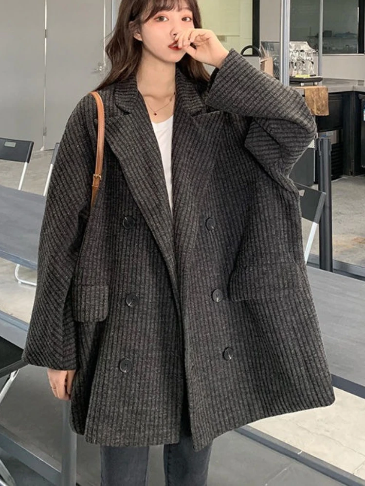 Luxury High-end Vintage Corduroy Blazer Lapel Women Autumn Winter Suit Jacket Design Loose Double-breasted Suit Tops Loose Chic
