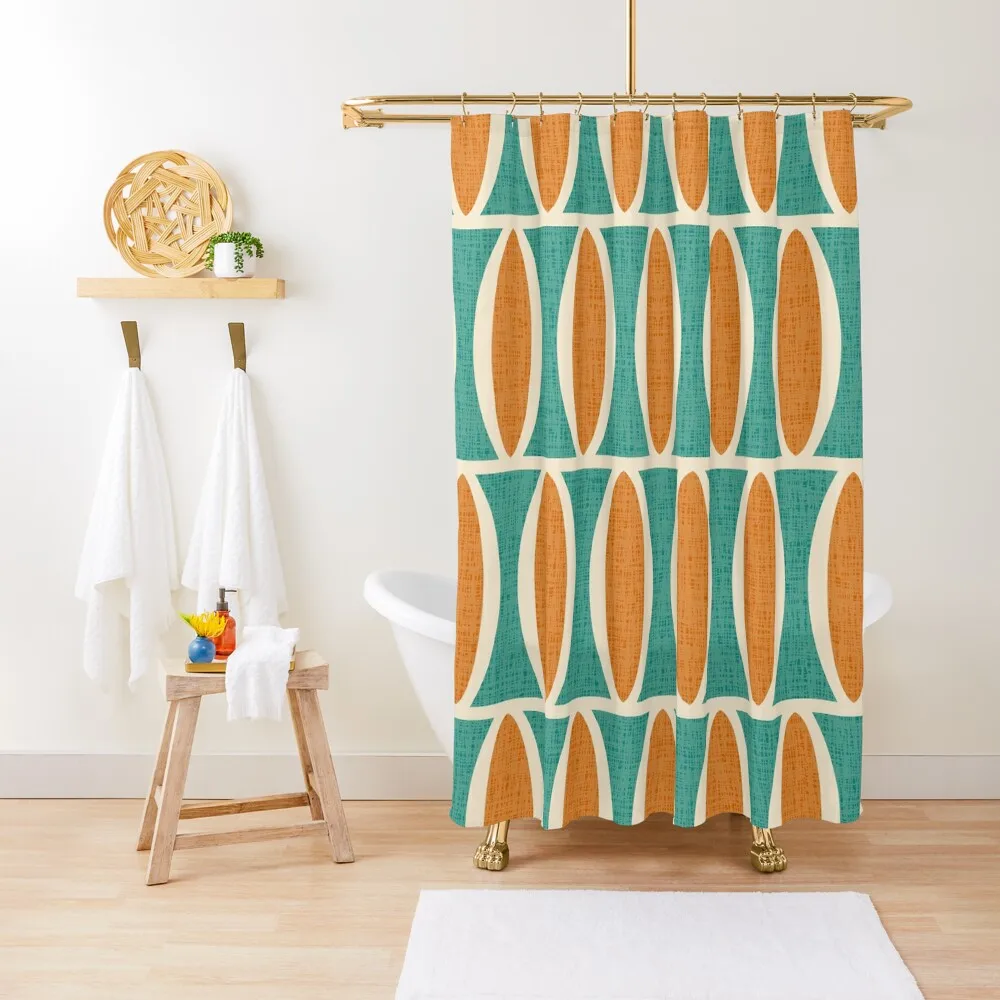 Retro Mid Century Modern Geometric Oval Pattern 330 Beige Orange and Blue Shower Curtain Shower Waterproof Curtain