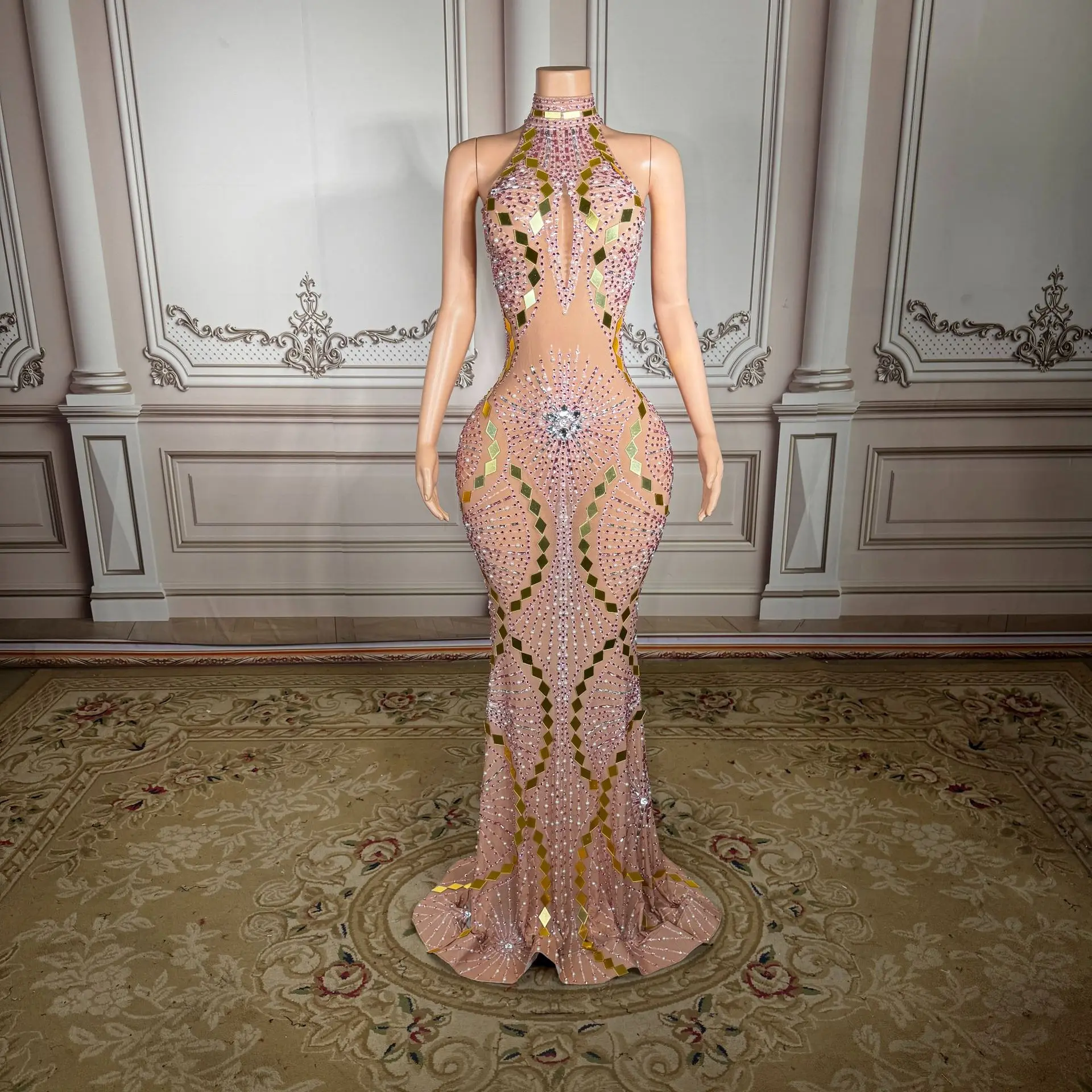 Orange Mesh Shining Crystal Rhinestones Mirrors Sleeveless Straight Natural Waist Trailing Dress Evening Prom Party Gown Red