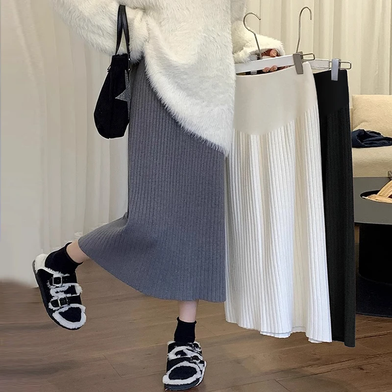 Autumn and Winter New Pregnant Women's Skirts Solid Color Casual Knitted One Step Skirt Adjustable Waist Maternity Empired Skirt