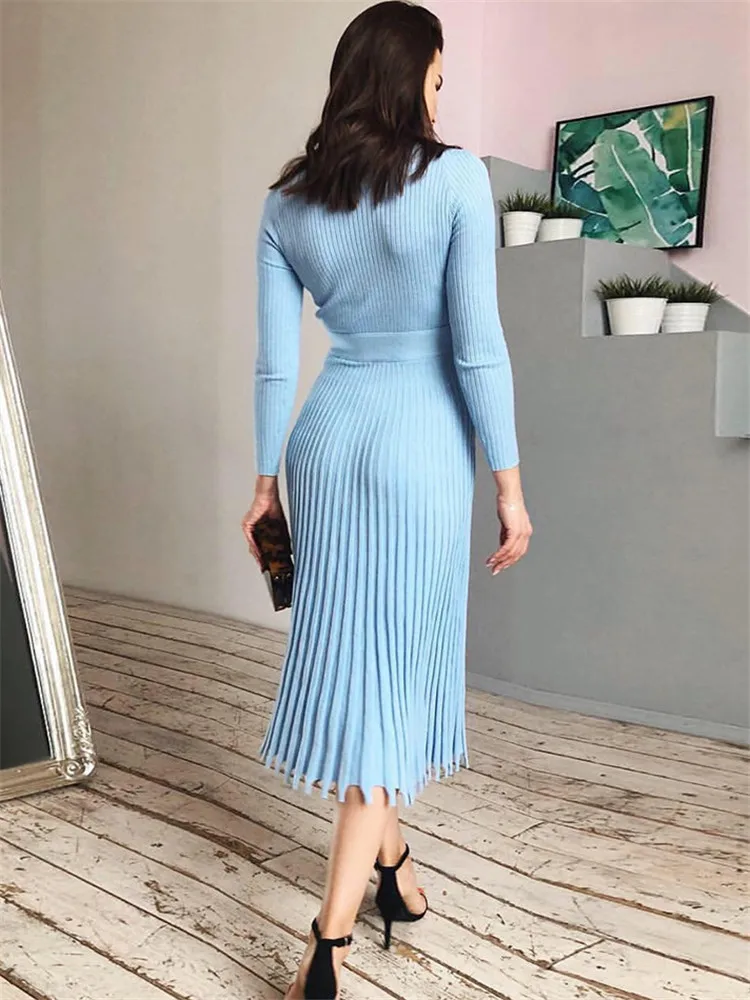 Articat Women Knitted Long Dress Ribbed Elegant Midi Bodycon Sweater Dress Official Ladies Bandage Pleated Dresses Streetweear