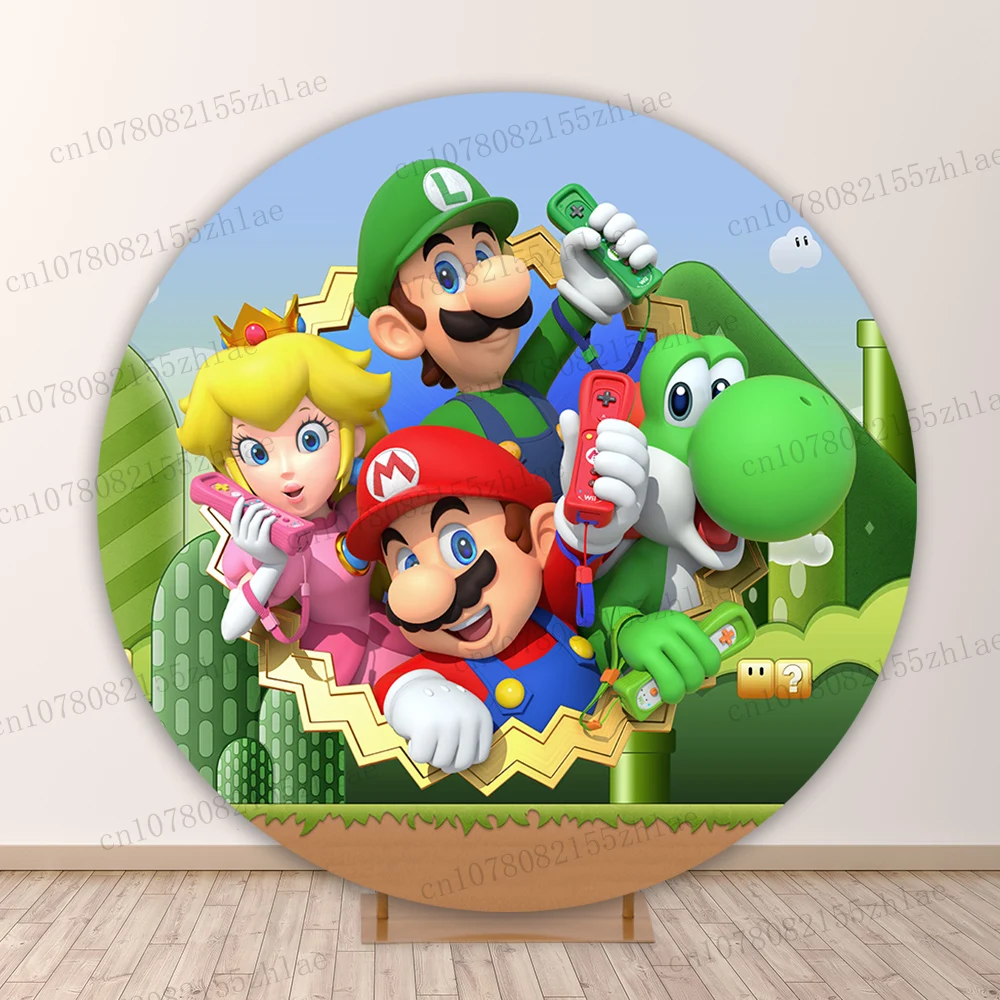 

Super Mario Birthday Party Round Photo Backdrop Baby Shower Photo Background Cartoon Banner Photography Backdrop