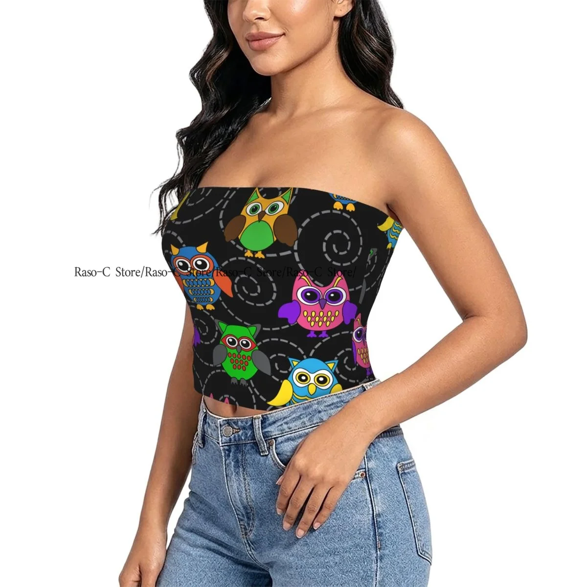 Women Block Crop Slim Tube Top Curls And Cartoon Owls Strapless Top For Summer Female Clothing