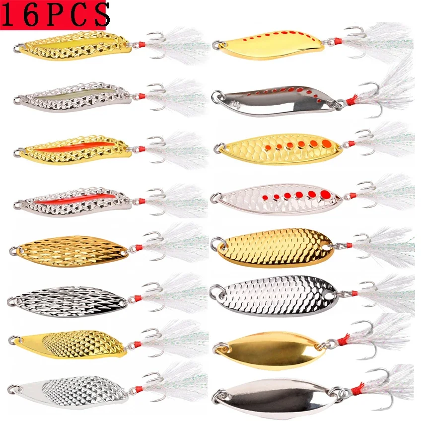 16PCS Metal Vib Leech Spinners Spoon Lures Set 10g 15g20g Artificial Bait With Feather Hook  Fishing Tackle for Bass Pike Perch