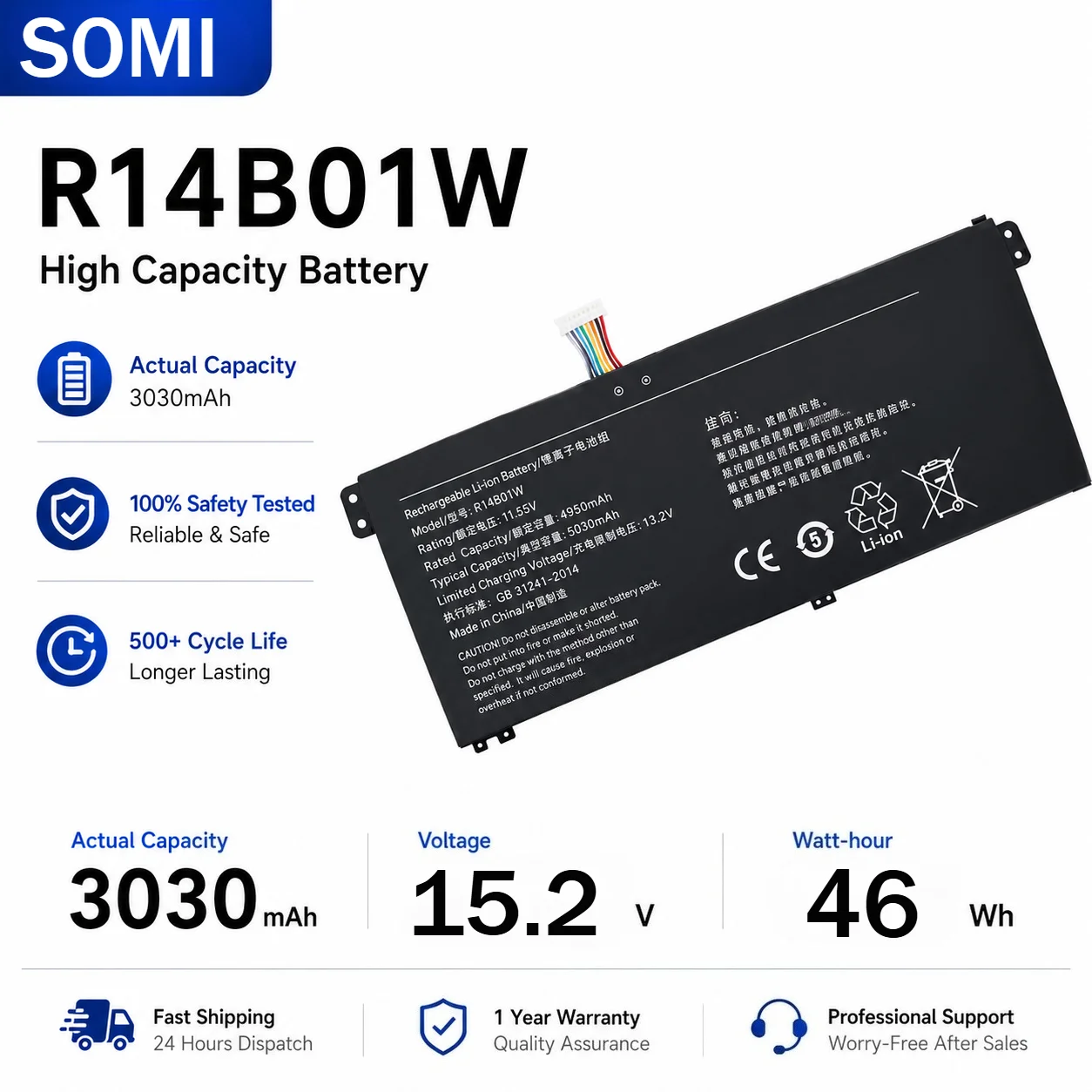 Somi R14B01W Laptop Battery FOR RedmiBook 14 / 16 XMA1901-AA/AG XMA2002-AJ XMA2002-AN XMA2012 High-Quality Replacement Battery