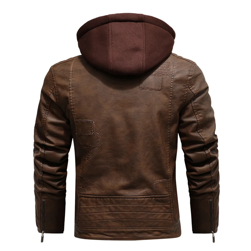 Vintage Men Faux Leather Jacket With Attached Hood Street Style Outer Coat