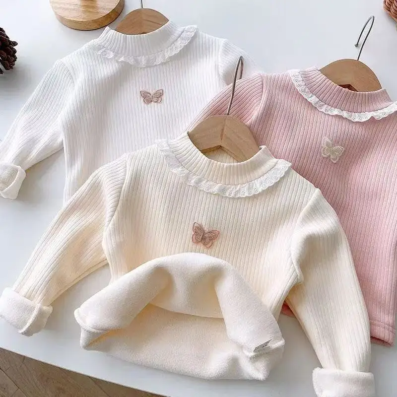

Girls' Autumn and Winter Top Children's One-piece Velvet Base Shirt Girls' Baby Warm Semi High Collar With Added Velvet