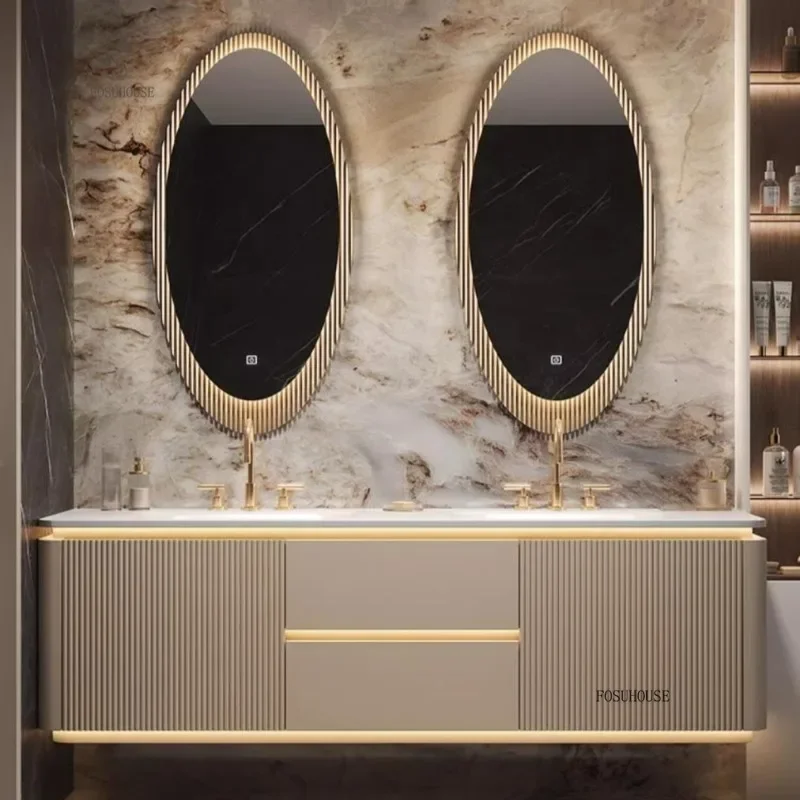 

Luxury Bathroom Vanity Cabinets Set Modern Slate Single Double Basin Nordic Oak Storage Bathroom Drawer Slab Sink Mirror Cabinet
