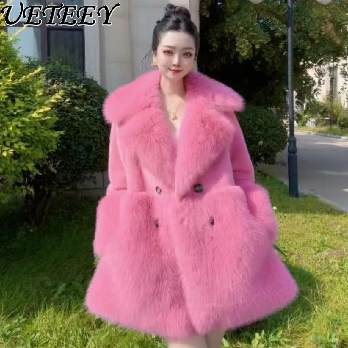 Winter New Elegant Solid Color Thickened Faux Fur Coat Fashionable Warm Light Luxury Chic Loose Slimming Mid-length Jacket