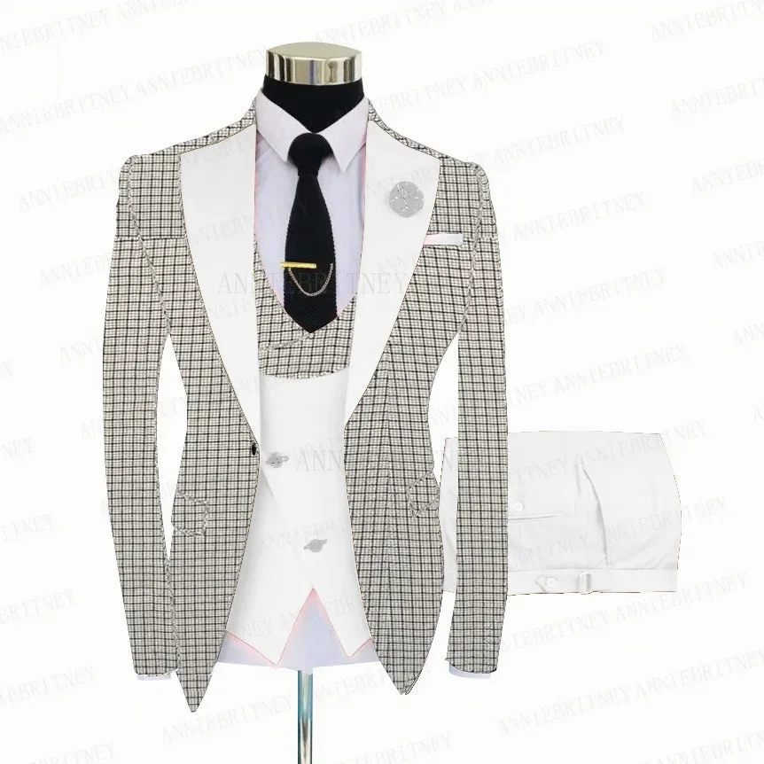 Traje a cuadros blanco y gris para hombre, traje de 3 piezas a medida, esmoquin para novio, traje de negocios ajustado, chaqueta, chaleco y pantalones