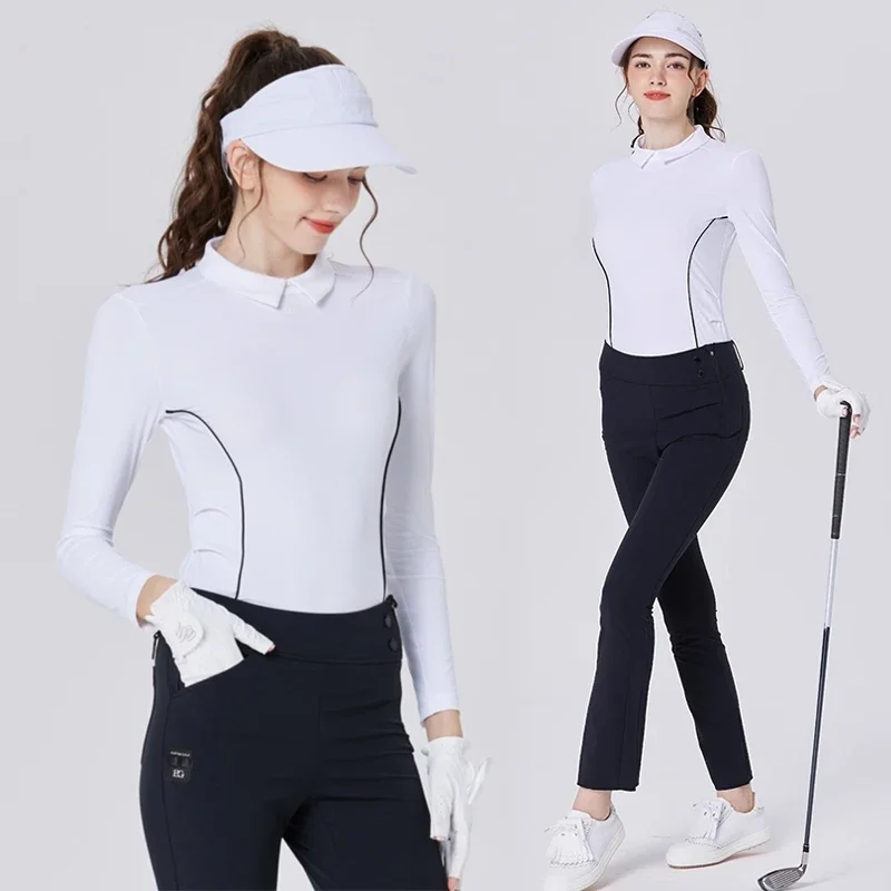 New BG Golf Clothes Women's Long-sleeved Lapel T-shirt Slim Waist Fashionable Elegant Tops Short Skirt Ladies Golf Apparel Set