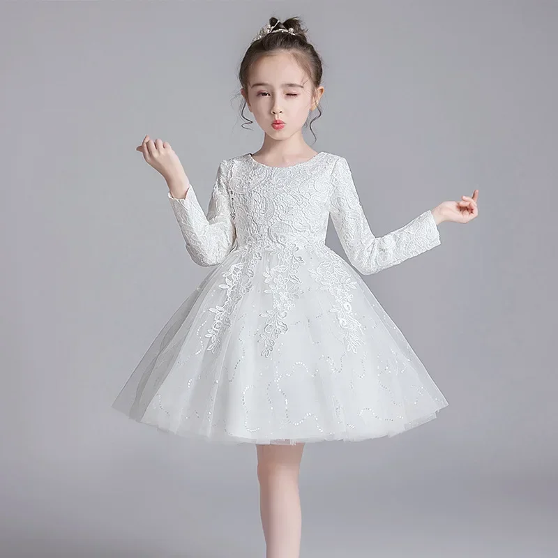 

Girls Party Dresses Blue Red White Longuette Performance Costume Wedding Activity Dress Host Clothing Princess Long Skirt Summer