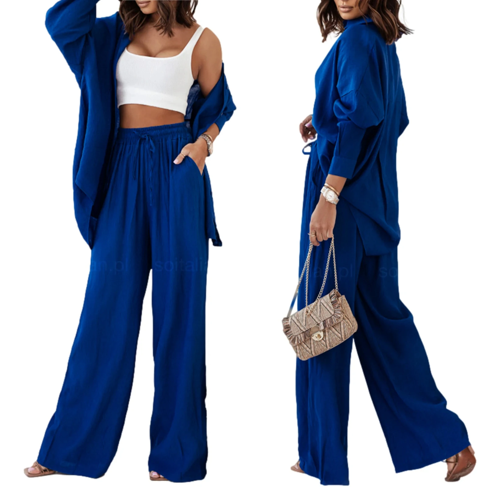 2024 Summer New Casual Office Lady Shirt Set Loose Shirt Top And Elastic Waist Wide Leg Pants Two piece Set Solid Women Outfit