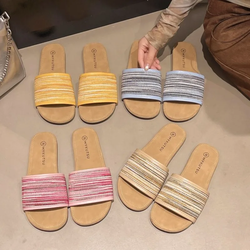 

Summer Fashion Comfortable Women Slide Sandals Woven Strap Non-Slip Flat Soft Sole Daily Beach Holiday Casual Shoes