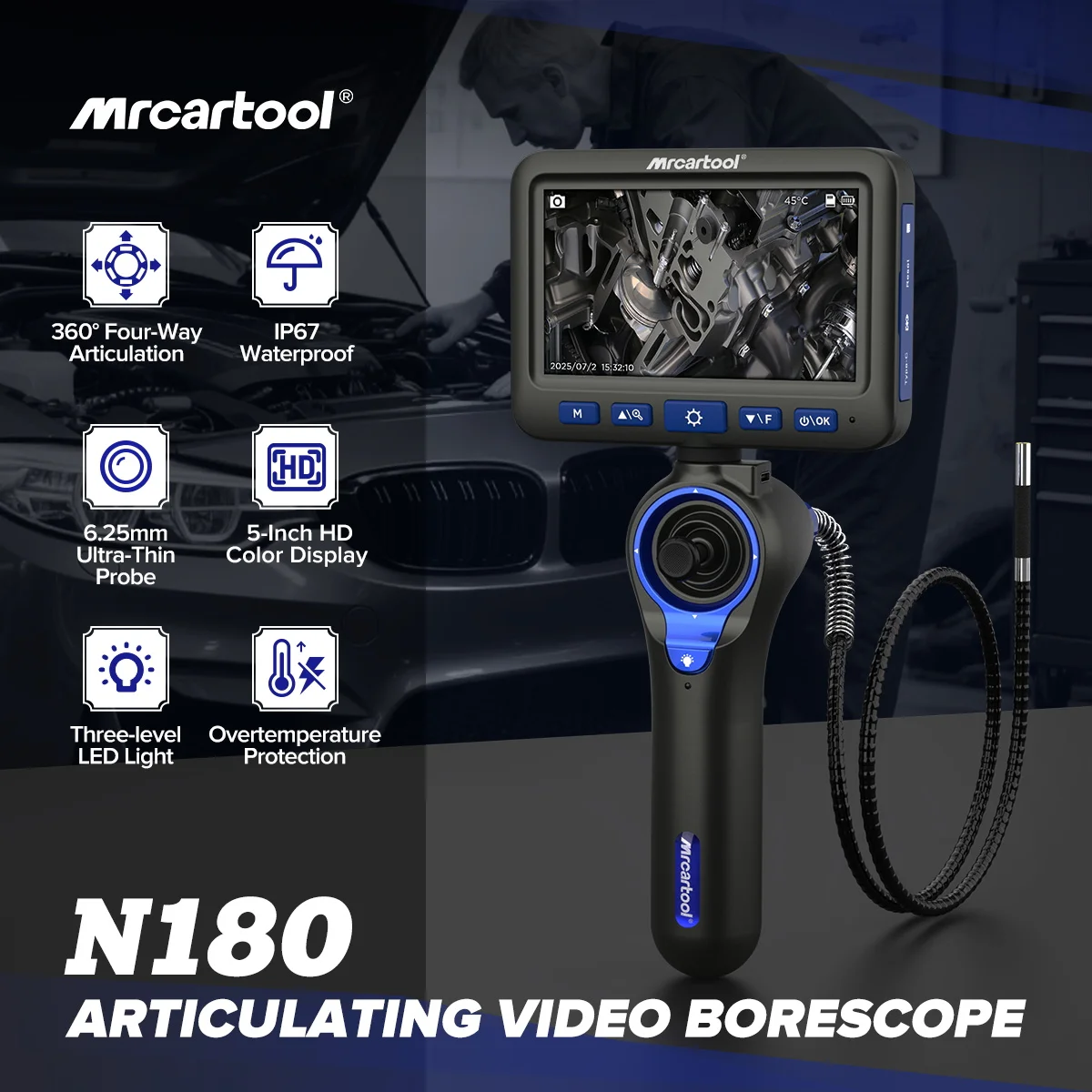 MRCARTOOL N180 Borescope Camera 360° Four-Way Articulation IP67 Waterproof LED Lighting Industrial Pipe Borescope