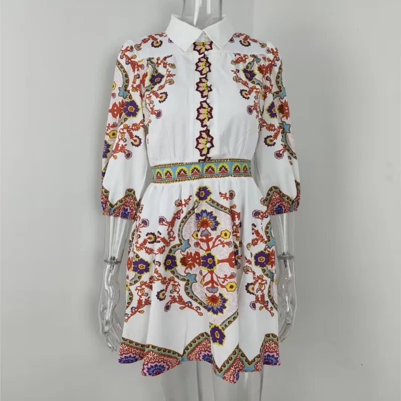 레트로 패턴 프린팅 숏 드레스 2025 여성 패션 랜턴 슬리브 라펠 하이 웨이스트 셔츠 드레스 보헤미안 미니 플리츠 드레스