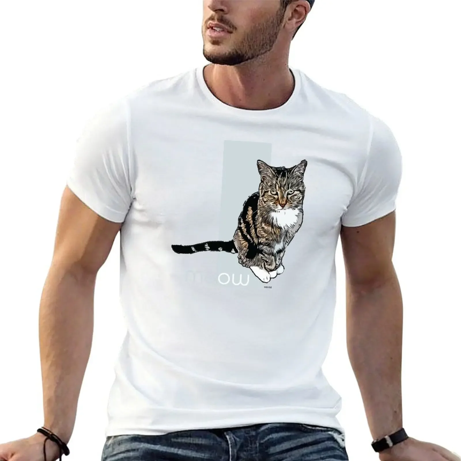 Meow tabby cat (Blue) T-Shirt plus size tops anime vintage t shirts t shirt men 100℅ cotton