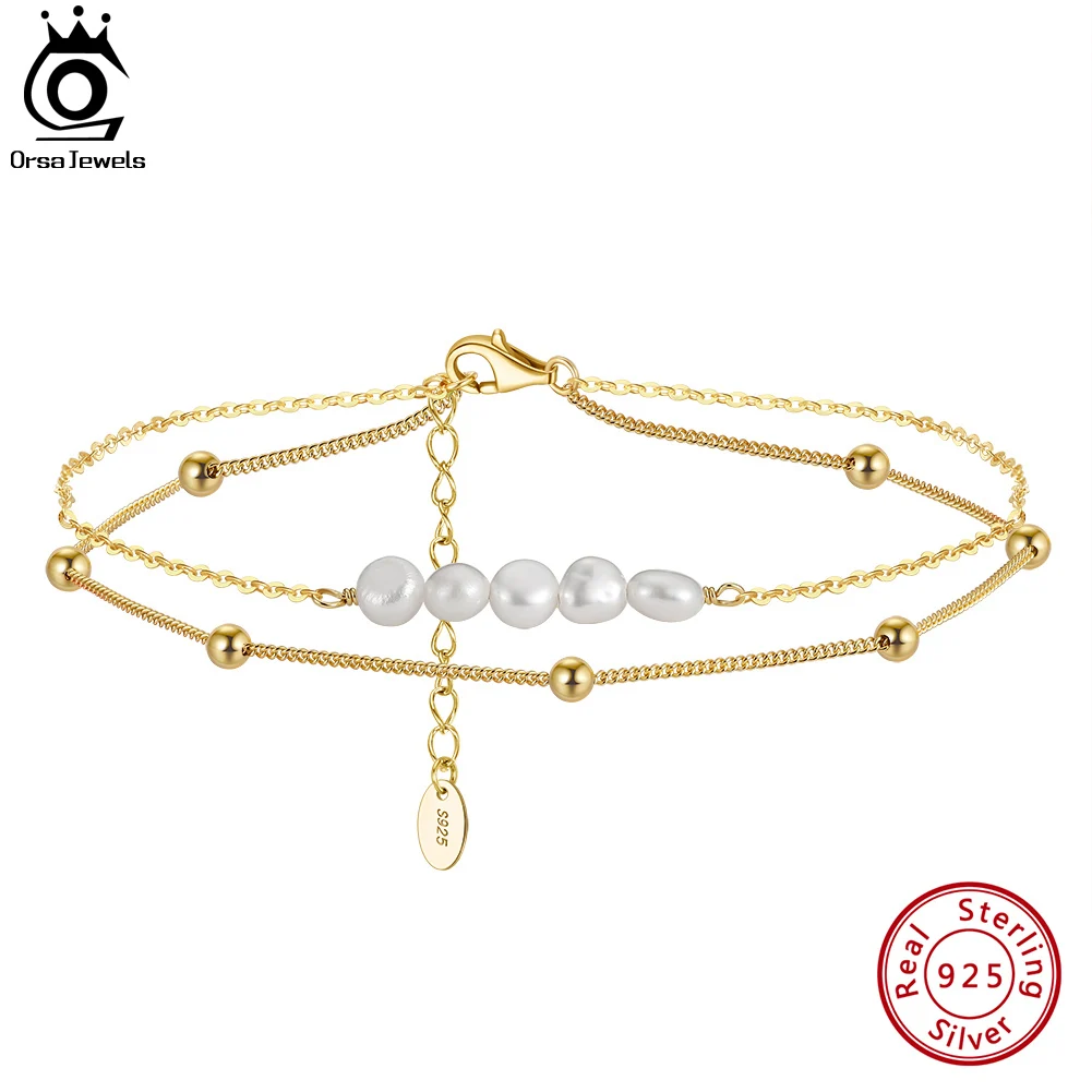 

ORSA JEWELS 925 Sterling Silver Natural Pearls Foot Chain Layered Cable Chain Anklets Dainty Foot Bracelet Accessories SA50