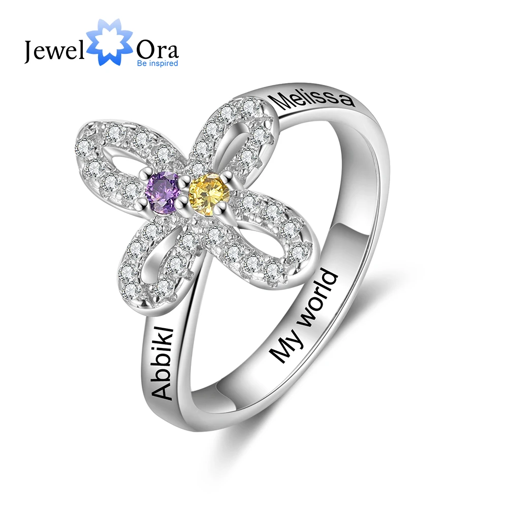 Customized Floral Cross Ring with 2 Birthstones Personalized Engraved Name Rings for Couples Birthday Gift for Mother Grandma