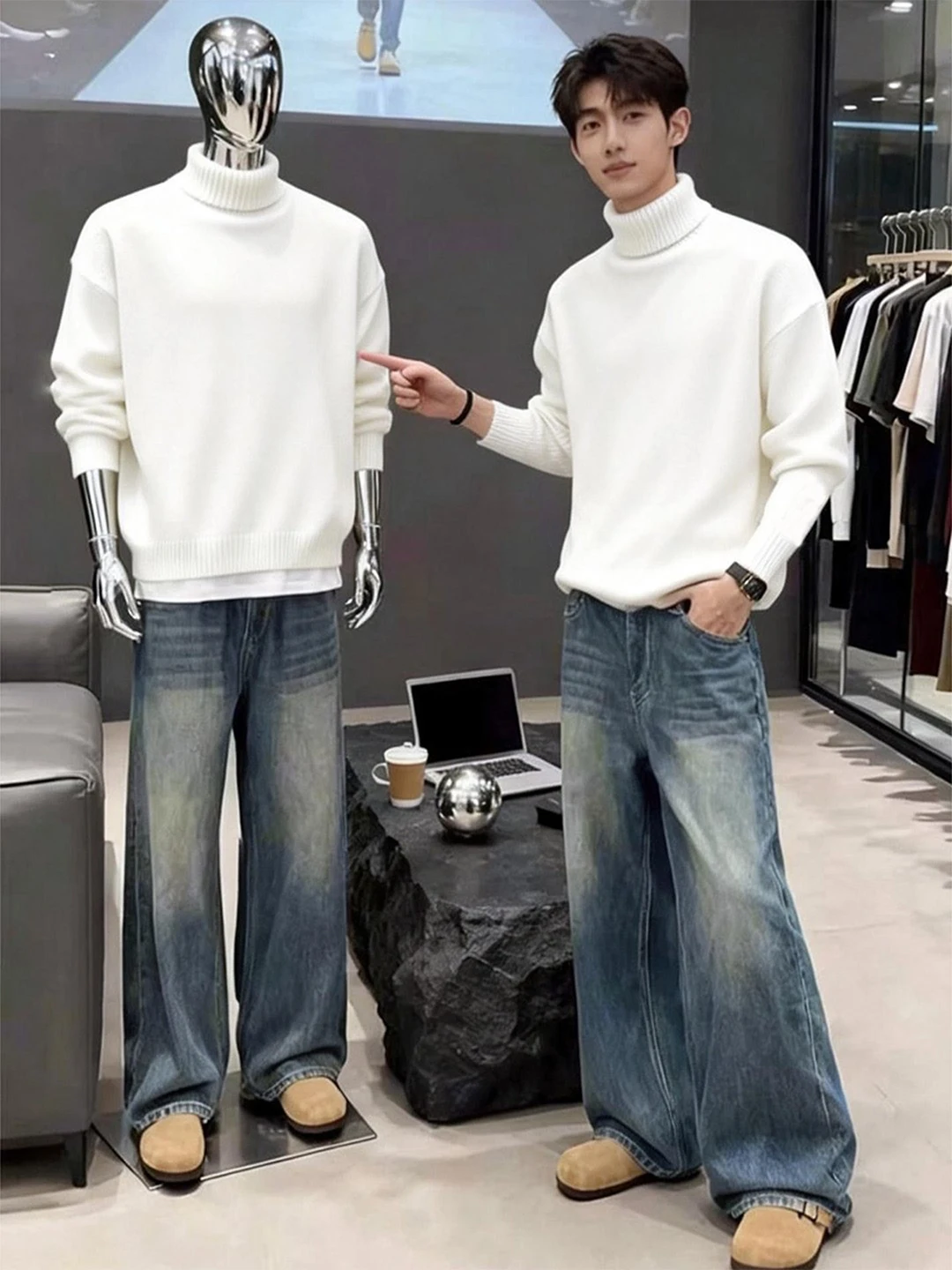 

Мужской зимний свитер Cleanfit из утолщенного флиса с высоким воротником, вязаный, свободного кроя, в американском стиле, для повседневной носки, с длинными рукавами