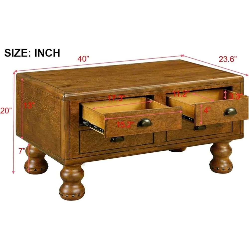 40" Coffee Table, Wooden Coffee Tables for Living Room with 4 Drawers, Rectangular Wood Center Table Tea Table with Rivet Decor
