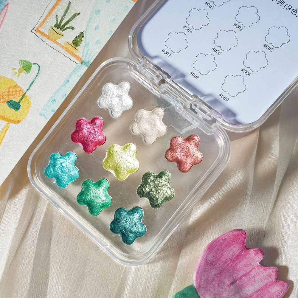 9 ألوان معدنية بيرليسسينت ألوان مائية مسحوق ذهبي الصباغ الغواش مجموعة الطلاء مع فلاش الصلبة المائية المحمولة محاصر للفن #5