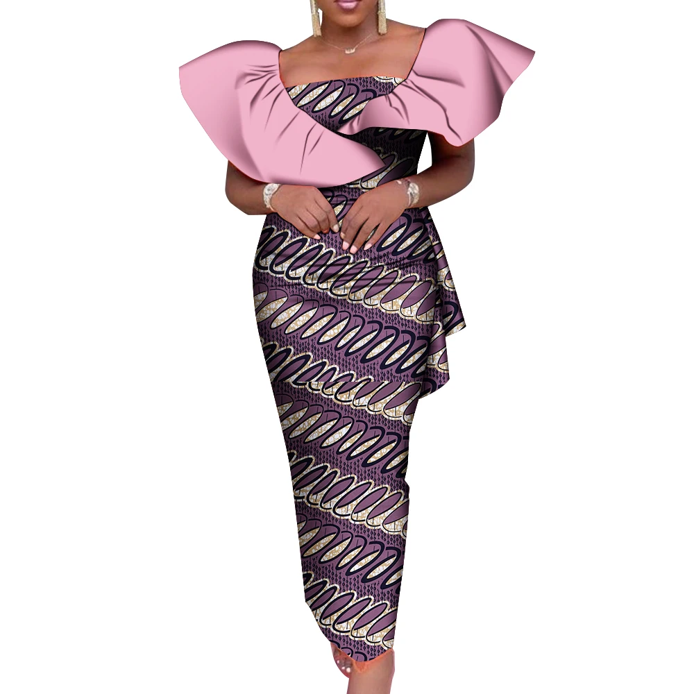 

Bintarealwax African Dress for Women Vestidos Ruffles Sleeve Long Pencil Dress Party African Clothing Dashiki Plus Size WY900