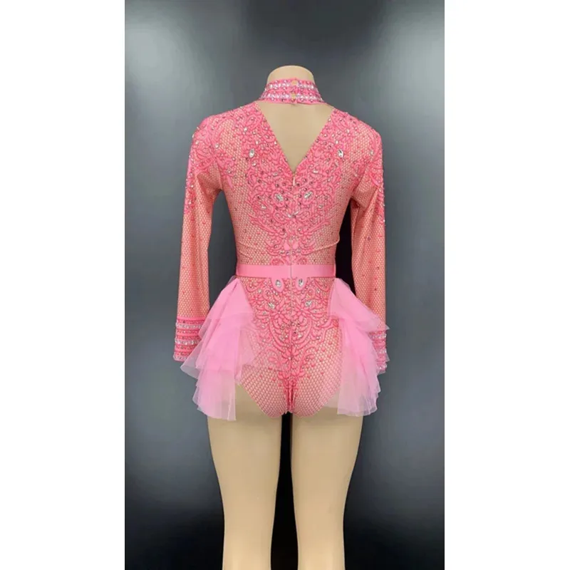 

Red Silver Rhinestone Lace Long Sleeve Bodysuit Birthday Celebrate Prom Outfit Women Dancer Singer Performance Show Stage CD4HYJ